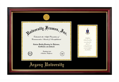 Argosy University Diploma with Announcement Frame in Petite Mahogany with Gold Trim with Black & Gold Mats for DOCUMENT: 8 1/2"H X 11"W  ,  7"H X 4"W  