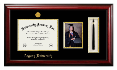 Argosy University Diploma with 5 x 7 Portrait & Tassel Box Frame in Classic Mahogany with Black & Gold Mats for DOCUMENT: 8 1/2"H X 11"W  