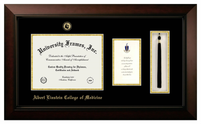 Albert Einstein College of Medicine Diploma with Announcement & Tassel Box Frame in Legacy Black Cherry with Black & Gold Mats for DOCUMENT: 8 1/2"H X 11"W  ,  7"H X 4"W  