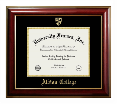 Albion College Diploma Frame in Classic Mahogany with Gold Trim with Black & Gold Mats for DOCUMENT: 8 1/2"H X 11"W  