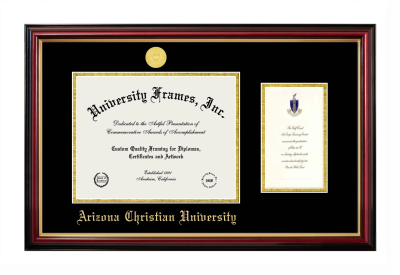 Arizona Christian University Diploma with Announcement Frame in Petite Mahogany with Gold Trim with Black & Gold Mats for DOCUMENT: 8 1/2"H X 11"W  ,  7"H X 4"W  