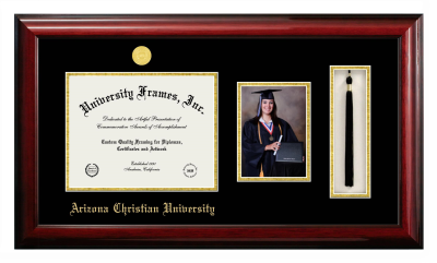 Arizona Christian University Diploma with 5 x 7 Portrait & Tassel Box Frame in Classic Mahogany with Black & Gold Mats for DOCUMENT: 8 1/2"H X 11"W  