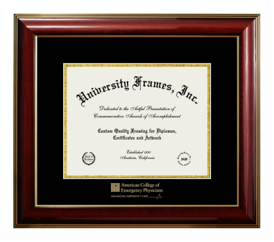 American College of Emergency Physicians Diploma Frame in Classic Mahogany with Gold Trim with Black & Gold Mats for DOCUMENT: 8 1/2"H X 11"W  