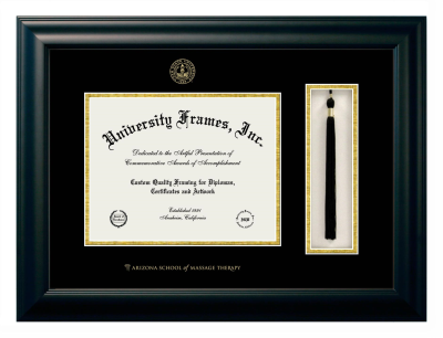 Arizona School of Massage Therapy Diploma with Tassel Box Frame in Satin Black with Black & Gold Mats for DOCUMENT: 8 1/2"H X 11"W  