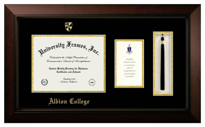 Albion College Diploma with Announcement & Tassel Box Frame in Legacy Black Cherry with Black & Gold Mats for DOCUMENT: 8 1/2"H X 11"W  ,  7"H X 4"W  