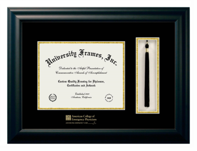 American College of Emergency Physicians Diploma with Tassel Box Frame in Satin Black with Black & Gold Mats for DOCUMENT: 8 1/2"H X 11"W  