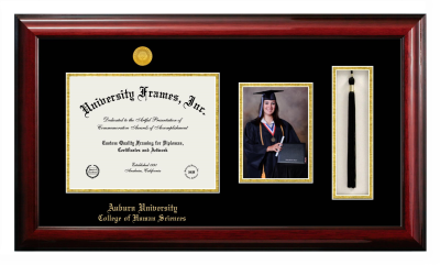 Auburn University College of Human Sciences Diploma with 5 x 7 Portrait & Tassel Box Frame in Classic Mahogany with Black & Gold Mats for DOCUMENT: 8 1/2"H X 11"W  