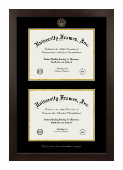 Arizona School of Massage Therapy Double Degree (Stacked) Frame in Manhattan Espresso with Black & Gold Mats for DOCUMENT: 8 1/2"H X 11"W  , DOCUMENT: 8 1/2"H X 11"W  