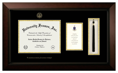 Arizona School of Massage Therapy Diploma with Announcement & Tassel Box Frame in Legacy Black Cherry with Black & Gold Mats for DOCUMENT: 8 1/2"H X 11"W  ,  7"H X 4"W  