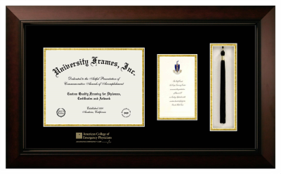 American College of Emergency Physicians Diploma with Announcement & Tassel Box Frame in Legacy Black Cherry with Black & Gold Mats for DOCUMENT: 8 1/2"H X 11"W  ,  7"H X 4"W  