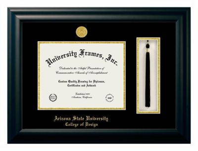 Arizona State University College of Design Diploma with Tassel Box Frame in Satin Black with Black & Gold Mats for DOCUMENT: 8 1/2"H X 11"W  