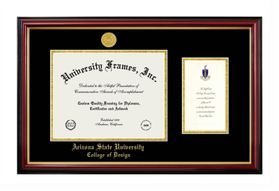 Arizona State University College of Design Diploma with Announcement Frame in Petite Mahogany with Gold Trim with Black & Gold Mats for DOCUMENT: 8 1/2"H X 11"W  ,  7"H X 4"W  