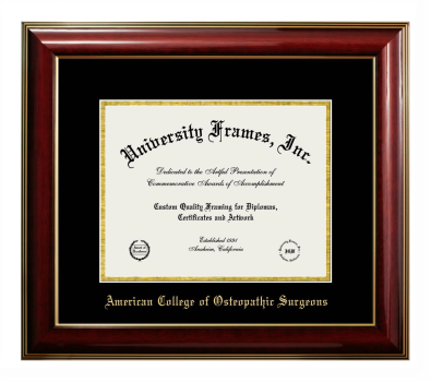 American College of Osteopathic Surgeons Diploma Frame in Classic Mahogany with Gold Trim with Black & Gold Mats for DOCUMENT: 8 1/2"H X 11"W  