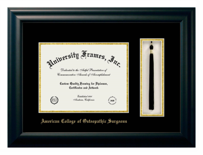 American College of Osteopathic Surgeons Diploma with Tassel Box Frame in Satin Black with Black & Gold Mats for DOCUMENT: 8 1/2"H X 11"W  