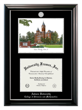 Auburn University College of Sciences and Mathematics Double Opening with Campus Image (Stacked) Frame in Classic Ebony with Silver Trim with Black & Silver Mats for DOCUMENT: 8 1/2"H X 11"W  
