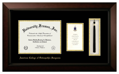 American College of Osteopathic Surgeons Diploma with Announcement & Tassel Box Frame in Legacy Black Cherry with Black & Gold Mats for DOCUMENT: 8 1/2"H X 11"W  ,  7"H X 4"W  