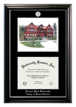Arizona State University College of Human Services Double Opening with Campus Image (Stacked) Frame in Classic Ebony with Silver Trim with Black & Silver Mats for DOCUMENT: 8 1/2"H X 11"W  