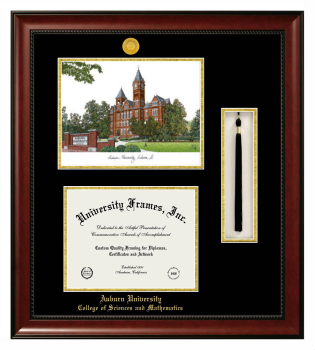 Auburn University College of Sciences and Mathematics Double Opening with Campus Image & Tassel Box (Stacked) Frame in Avalon Mahogany with Black & Gold Mats for DOCUMENT: 8 1/2"H X 11"W  