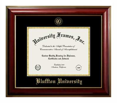 Bluffton University Diploma Frame in Classic Mahogany with Gold Trim with Black & Gold Mats for DOCUMENT: 8 1/2"H X 11"W  