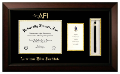 American Film Institute Diploma with Announcement & Tassel Box Frame in Legacy Black Cherry with Black & Gold Mats for document: 8 1/2"h x 11"w  , diploma: 7"h x 4"w  