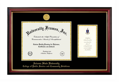 Arizona State University College of Public Service and Community Solutions Diploma with Announcement Frame in Petite Mahogany with Gold Trim with Black & Gold Mats for DOCUMENT: 8 1/2"H X 11"W  ,  7"H X 4"W  