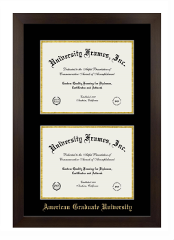 American Graduate University Double Degree (Stacked) Frame in Manhattan Espresso with Black & Gold Mats for DOCUMENT: 8 1/2"H X 11"W  , DOCUMENT: 8 1/2"H X 11"W  