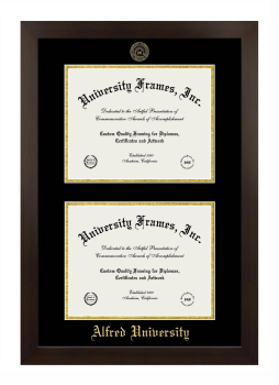 Alfred University Double Degree (Stacked) Frame in Manhattan Espresso with Black & Gold Mats for DOCUMENT: 8 1/2"H X 11"W  , DOCUMENT: 8 1/2"H X 11"W  