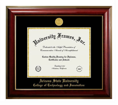 Arizona State University College of Technology and Innovation Diploma Frame in Classic Mahogany with Gold Trim with Black & Gold Mats for document: 8 1/2"h x 11"w  