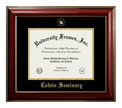 Calvin Seminary Diploma Frame in Classic Mahogany with Gold Trim with Black & Gold Mats for DOCUMENT: 8 1/2"H X 11"W  