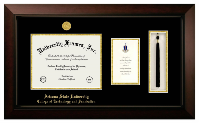 Arizona State University College of Technology and Innovation Diploma with Announcement & Tassel Box Frame in Legacy Black Cherry with Black & Gold Mats for DOCUMENT: 8 1/2"H X 11"W  ,  7"H X 4"W  