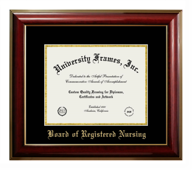 Board of Registered Nursing Diploma Frame in Classic Mahogany with Gold Trim with Black & Gold Mats for DOCUMENT: 8 1/2"H X 11"W  