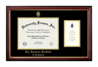American Institute of Architects Diploma with Announcement Frame in Petite Mahogany with Gold Trim with Black & Gold Mats for DOCUMENT: 8 1/2"H X 11"W  ,  7"H X 4"W  