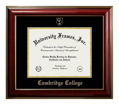 Cambridge College Diploma Frame in Classic Mahogany with Gold Trim with Black & Gold Mats for DOCUMENT: 8 1/2"H X 11"W  