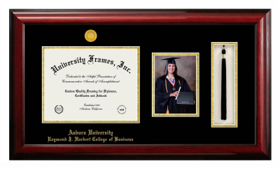 Auburn University Raymond J. Harbert College of Business Diploma with 5 x 7 Portrait & Tassel Box Frame in Classic Mahogany with Black & Gold Mats for DOCUMENT: 8 1/2"H X 11"W  