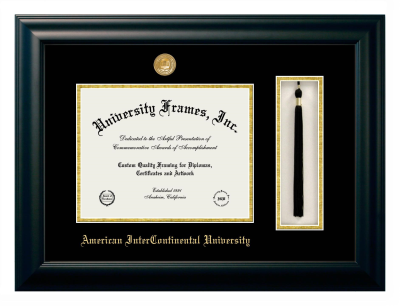 American InterContinental University Diploma with Tassel Box Frame in Satin Black with Black & Gold Mats for DOCUMENT: 8 1/2"H X 11"W  