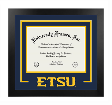 East Tennessee State University Bill Gatton College of Pharmacy Logo Mat Frame in Manhattan Black with Navy Blue & Amber Mats for document: 8 1/2"h x 11"w  