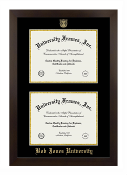Bob Jones University Double Degree (Stacked) Frame in Manhattan Espresso with Black & Gold Mats for document: 8 1/2"h x 11"w  , document: 8 1/2"h x 11"w  