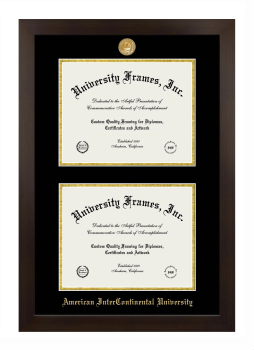 American InterContinental University Double Degree (Stacked) Frame in Manhattan Espresso with Black & Gold Mats for DOCUMENT: 8 1/2"H X 11"W  , DOCUMENT: 8 1/2"H X 11"W  