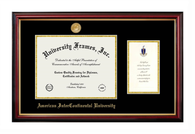American InterContinental University Diploma with Announcement Frame in Petite Mahogany with Gold Trim with Black & Gold Mats for DOCUMENT: 8 1/2"H X 11"W  ,  7"H X 4"W  