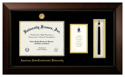 American InterContinental University Diploma with Announcement & Tassel Box Frame in Legacy Black Cherry with Black & Gold Mats for DOCUMENT: 8 1/2"H X 11"W  ,  7"H X 4"W  