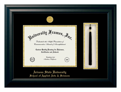 Arizona State University School of Applied Arts & Sciences Diploma with Tassel Box Frame in Satin Black with Black & Gold Mats for DOCUMENT: 8 1/2"H X 11"W  