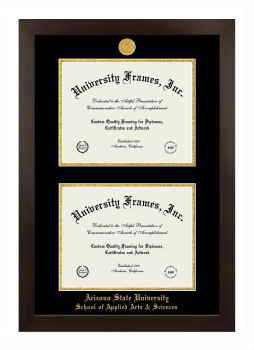 Arizona State University School of Applied Arts & Sciences Double Degree (Stacked) Frame in Manhattan Espresso with Black & Gold Mats for DOCUMENT: 8 1/2"H X 11"W  , DOCUMENT: 8 1/2"H X 11"W  