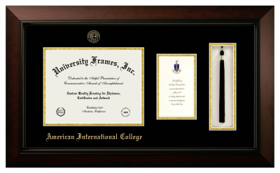 American International College Diploma with Announcement & Tassel Box Frame in Legacy Black Cherry with Black & Gold Mats for DOCUMENT: 8 1/2"H X 11"W  ,  7"H X 4"W  