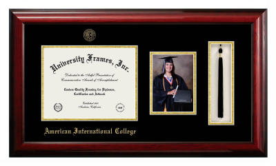 American International College Diploma with 5 x 7 Portrait & Tassel Box Frame in Classic Mahogany with Black & Gold Mats for DOCUMENT: 8 1/2"H X 11"W  