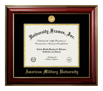 American Military University Diploma Frame in Classic Mahogany with Gold Trim with Black & Gold Mats for DOCUMENT: 8 1/2"H X 11"W  