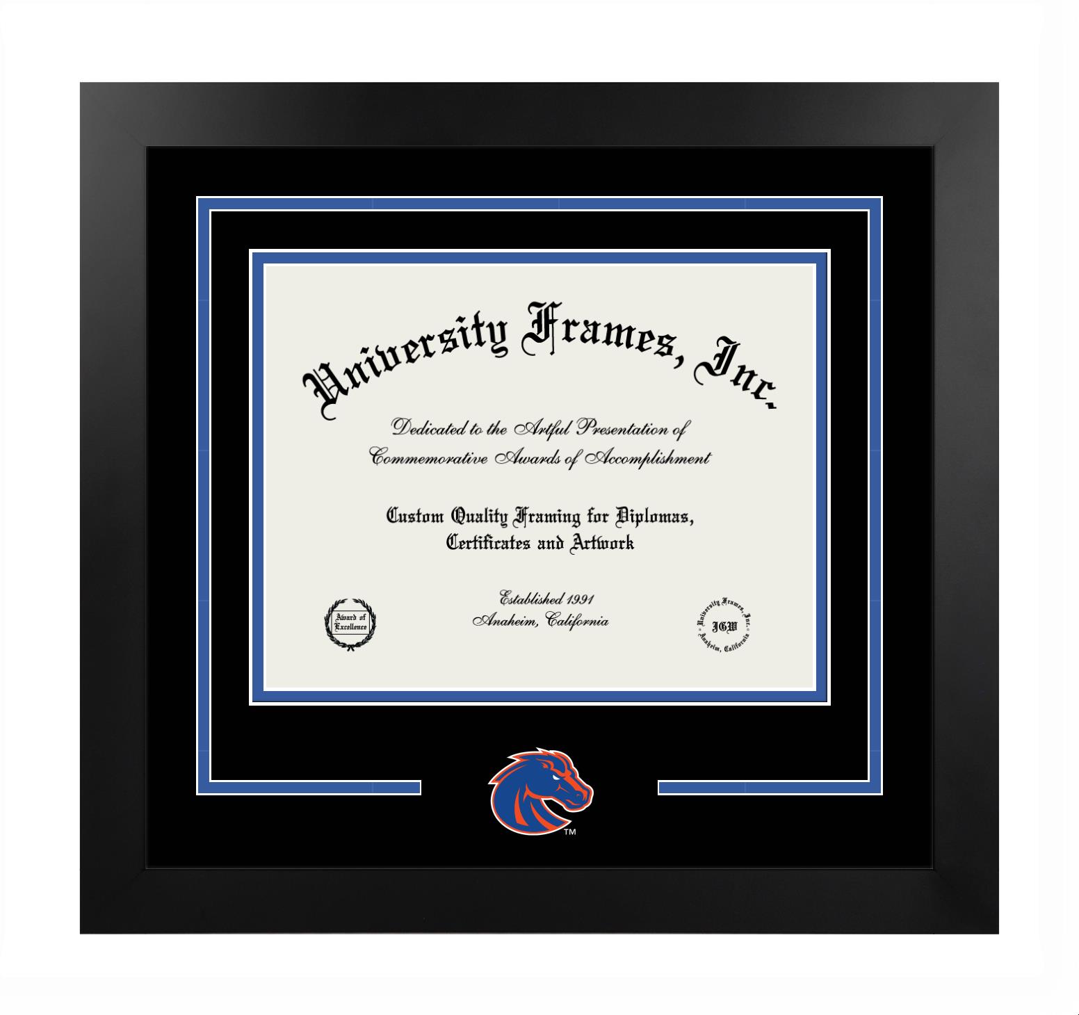 Boise State University Boise State University Logo Mat Frame in Manhattan Black with Black & Royal Blue Mats for DOCUMENT: 8 1/2"H X 11"W  