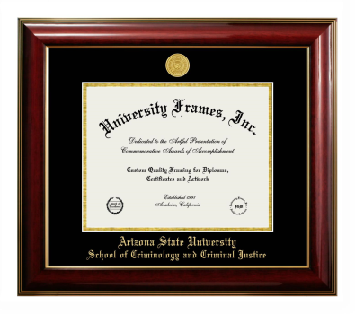 Arizona State University School of Criminology and Criminal Justice Diploma Frame in Classic Mahogany with Gold Trim with Black & Gold Mats for DOCUMENT: 8 1/2"H X 11"W  