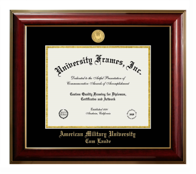 American Military University Cum Laude Diploma Frame in Classic Mahogany with Gold Trim with Black & Gold Mats for DOCUMENT: 8 1/2"H X 11"W  