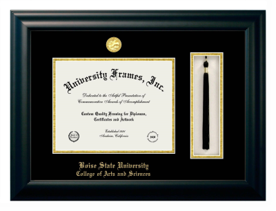 Boise State University College of Arts and Sciences Diploma with Tassel Box Frame in Satin Black with Black & Gold Mats for DOCUMENT: 8 1/2"H X 11"W  