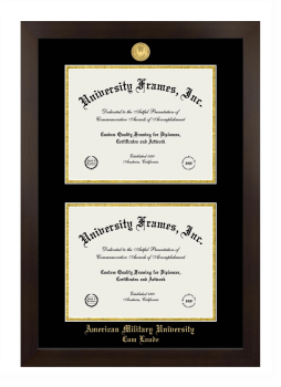 American Military University Cum Laude Double Degree (Stacked) Frame in Manhattan Espresso with Black & Gold Mats for DOCUMENT: 8 1/2"H X 11"W  , DOCUMENT: 8 1/2"H X 11"W  